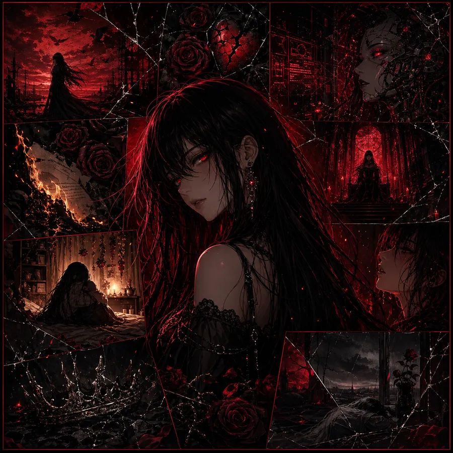 Collage of Noriko music video artwork: masks, neon, ruins and red light