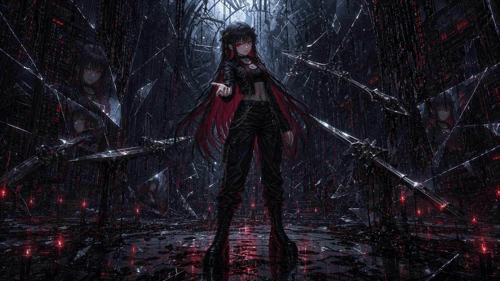 Crimson Protocol video still: static code mirrors